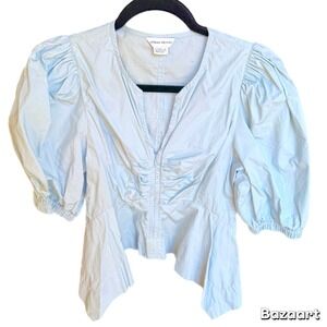 Urban Revivo Anthropologie Puff Sleeve Zipper Front Top Blouse Shirt Blue Med